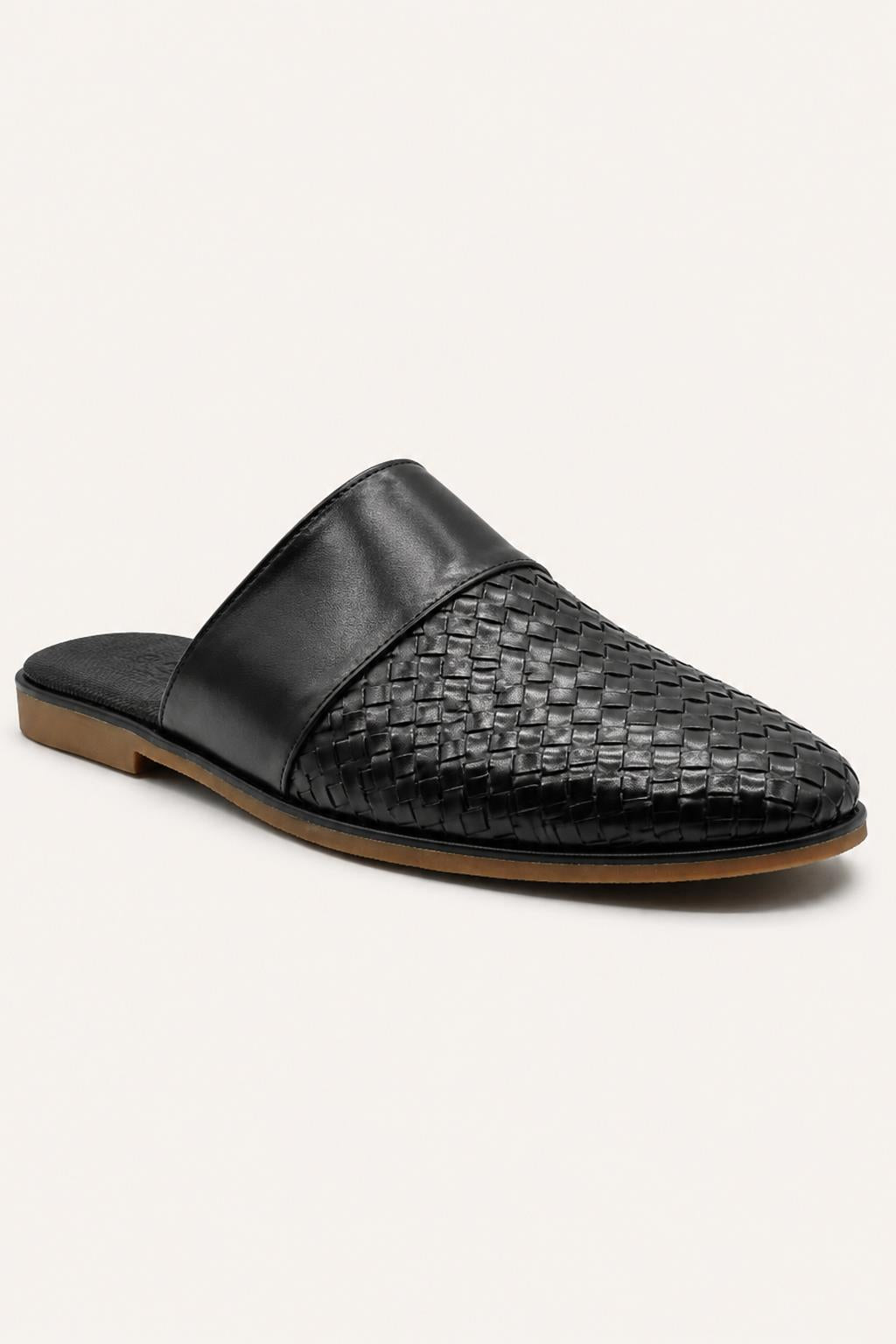 FINO Men’s Black Woven Leather Mule Slippers Sartorial Shoes