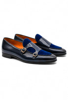 SOREN Men’s Navy Blue Leather & Suede Double Monk Shoes Sartorial Shoes
