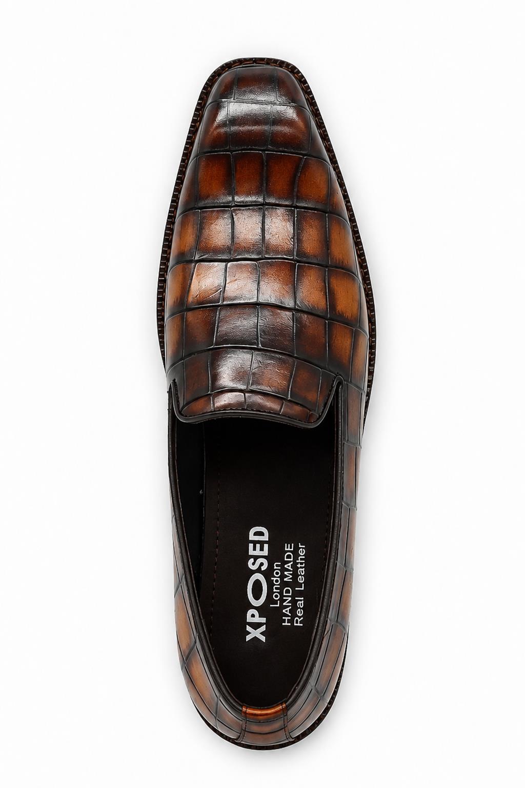 ELBA Men’s Tan Croc Embossed Leather Chisel Toe Loafers Sartorial Shoes