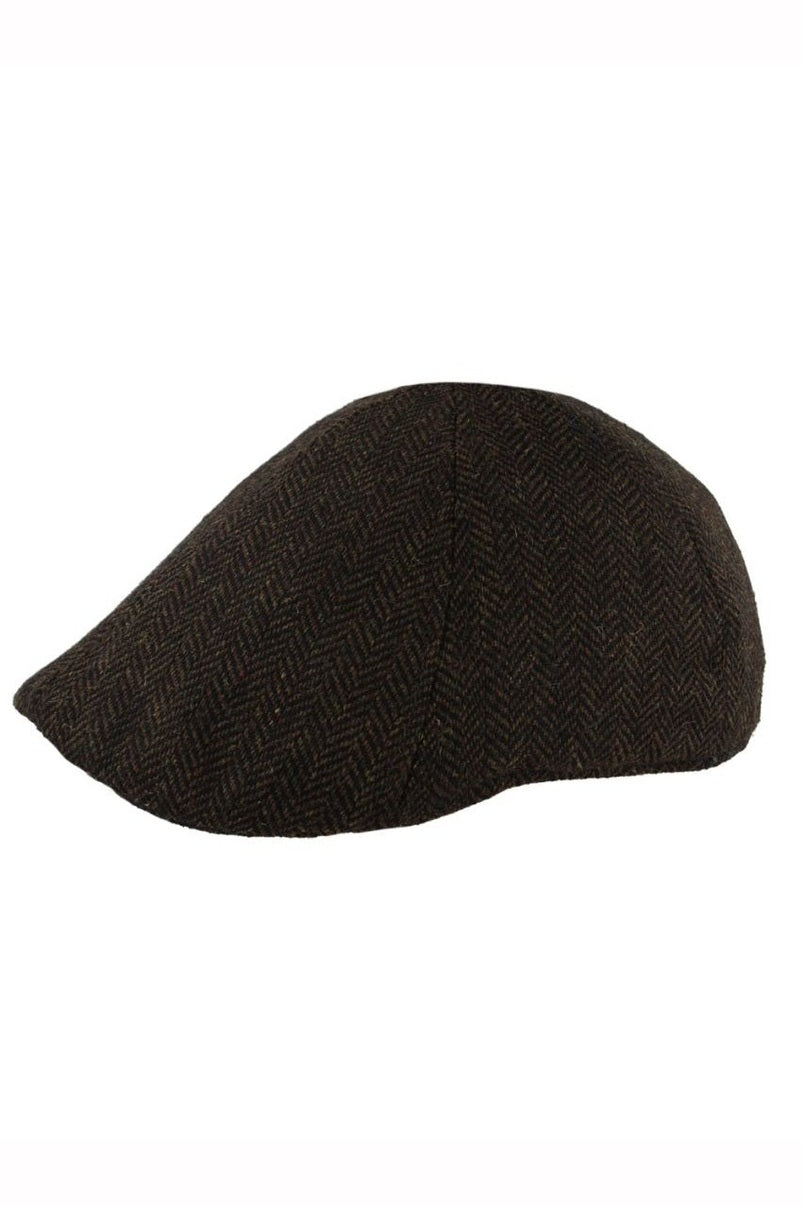BROWN WOOL BLEND HERRINGBONE DUCKBILL FLAT CAP