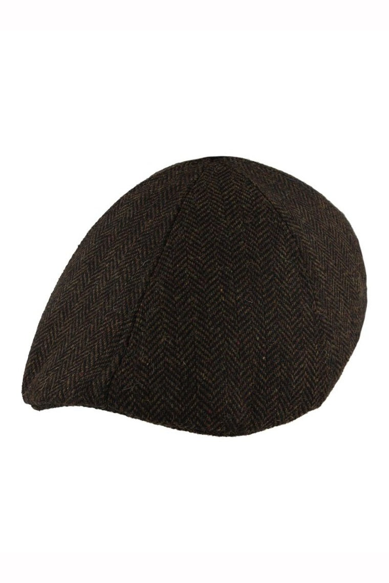 BROWN WOOL BLEND HERRINGBONE DUCKBILL FLAT CAP