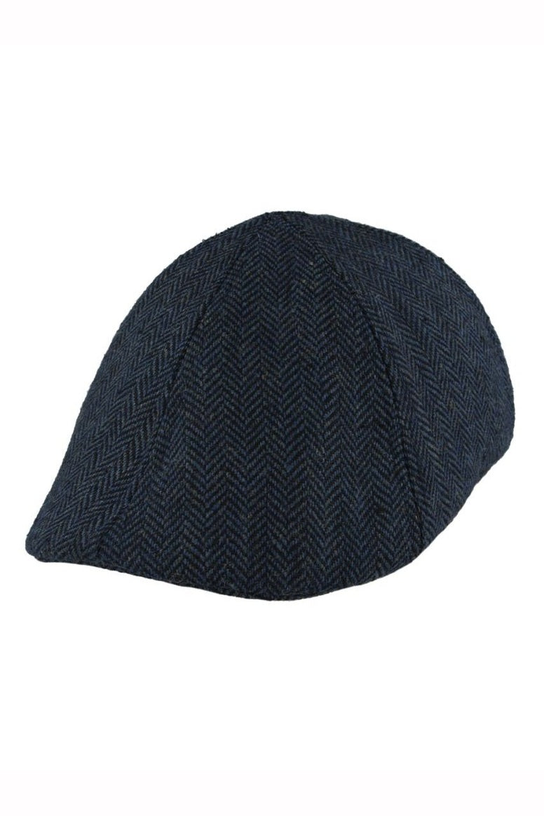 NAVY WOOL BLEND HERRINGBONE DUCKBILL FLAT CAP