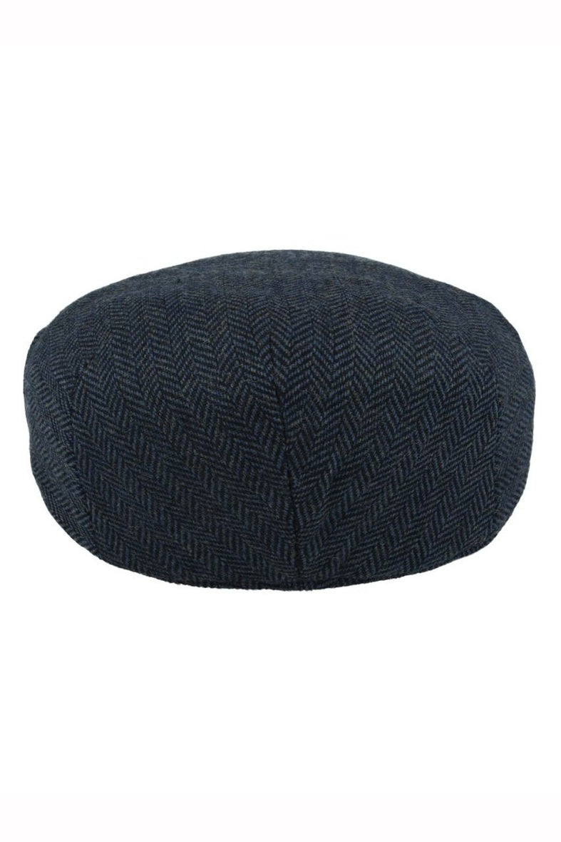 NAVY HERRINGBONE WOOL BLEND FLAT CAP