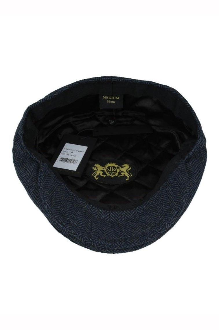 NAVY HERRINGBONE WOOL BLEND FLAT CAP