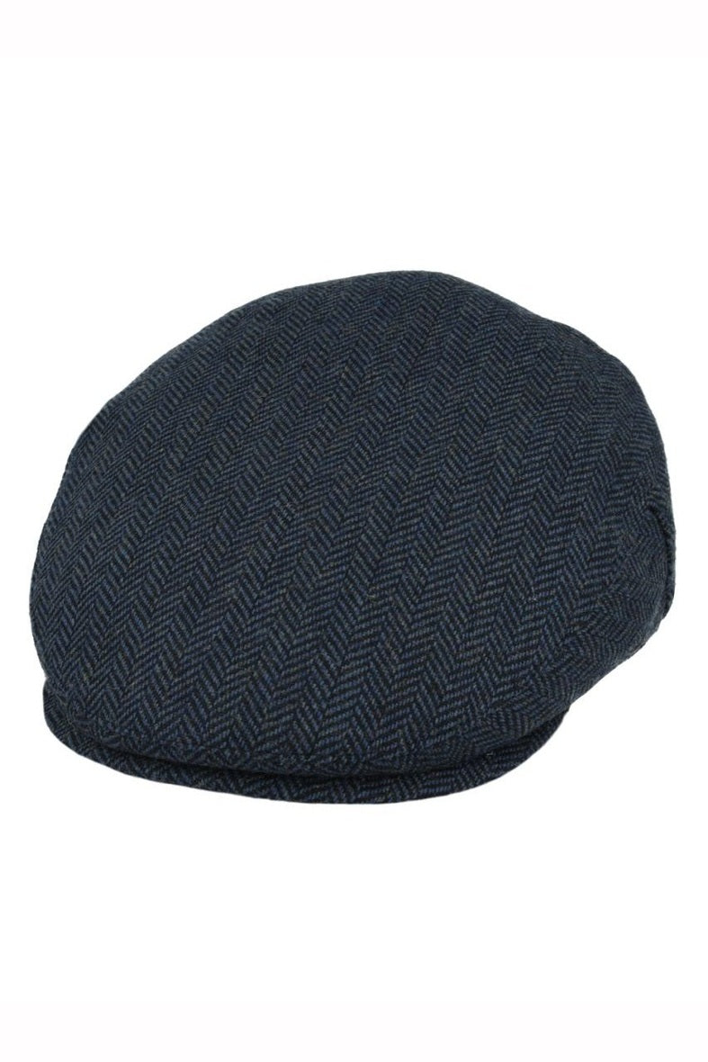 NAVY HERRINGBONE WOOL BLEND FLAT CAP